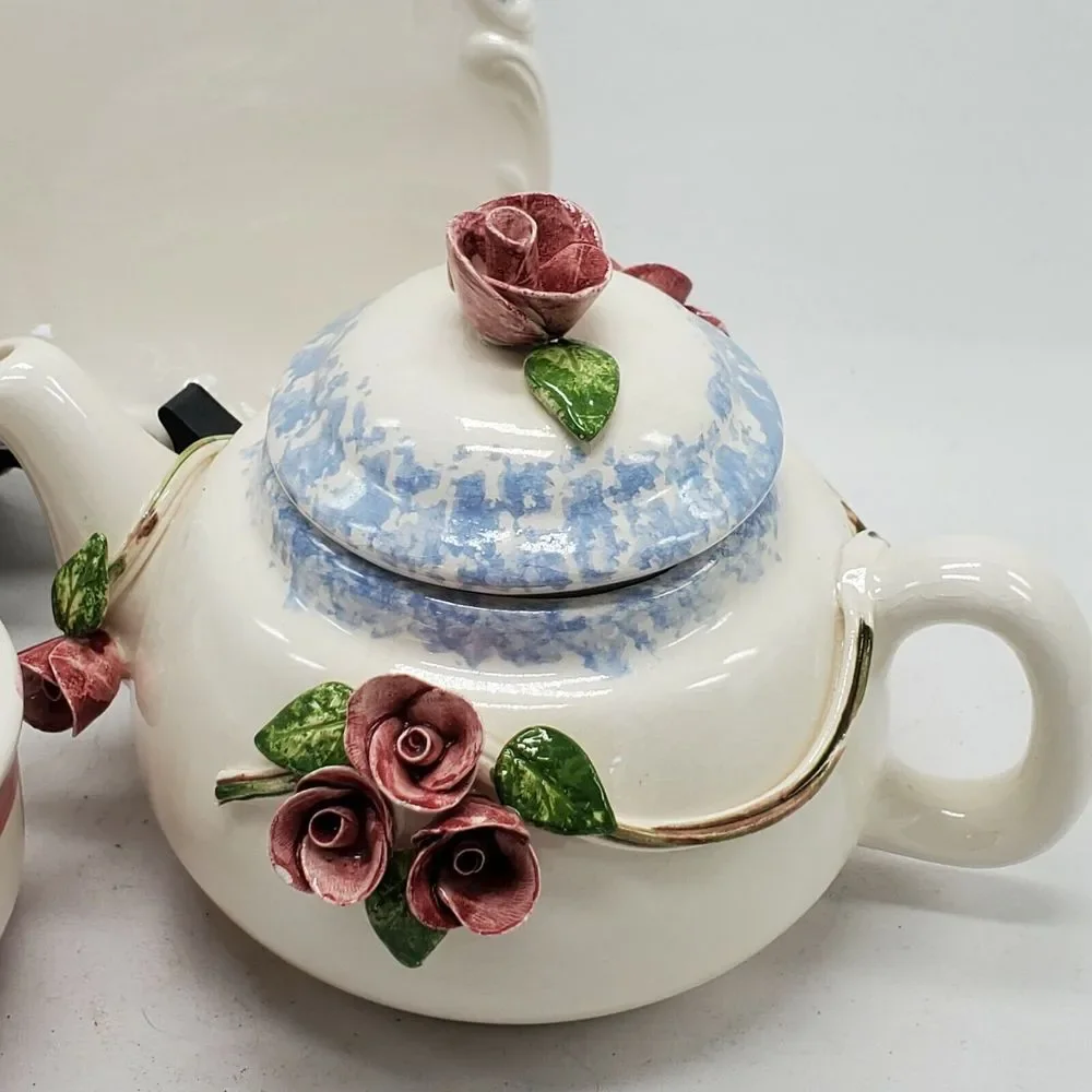 Paper Windows USA Pottery Vintage Teapot Tray‎ and Mug Floral Cover Beautiful